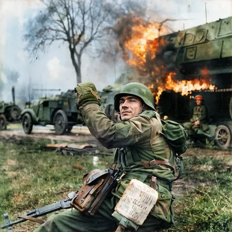 there is a man in a military uniform sitting on the ground, ww 2 historical photography, ww2 historical photography, soldier under heavy fire, eastern front, war photography, by Kurt Seligmann, ww2 historical photo, ww2 photo, ww2, ww 2, war photo, fightin...