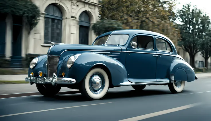 dark grayish-blue car in motion, symmetrical new car, retro, photorealistic, slow motion, motion blur, front right view, 1940s, urban, ultra realistic, cinematic style, worm colors, 8K, HD