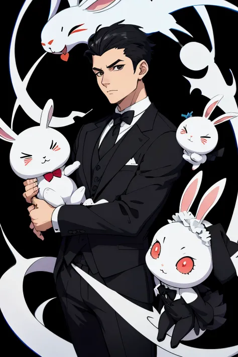 Anime Style, anthropomorphic white rabbit bunny head using a black suit with a black tie, black hair undercut