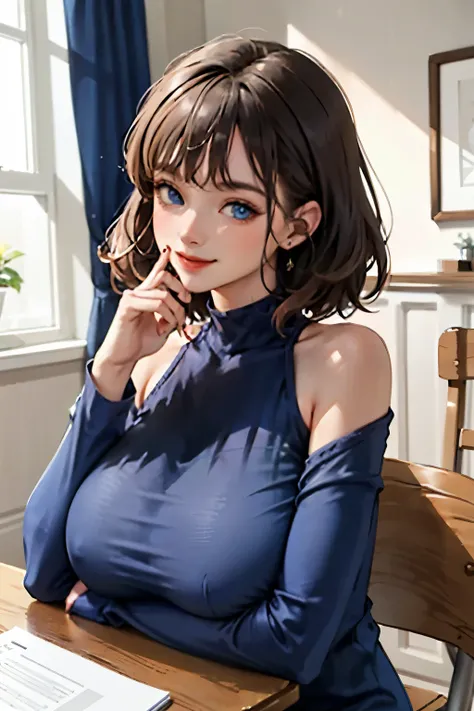 (masterpiece:1.2, best quality), (1lady, solo, upper body:1.2), clothing: loose-fitting, comfortable pajamas Accessories, detailed the hand, Hair: Short dark blue shoulder-length hair Makeup: natural, glowing skin, behaviocing the table, sitting at the tab...