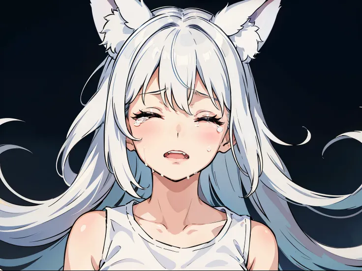 1girl,solo,medium breasts,(white sleeveless and shoulderless t-shirt,silver hair,long hair,closed eyes,fox ears,crying,from front,portrait,teeth