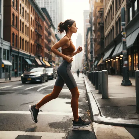 Photo from the side of a woman on a run through a city. Busy urban feel. She is focused and content. She is fully clothed in workout gear. The woman should be in warmer colors like rust, sienna, mustard, rich brown. The surroundings should be in cool tones...