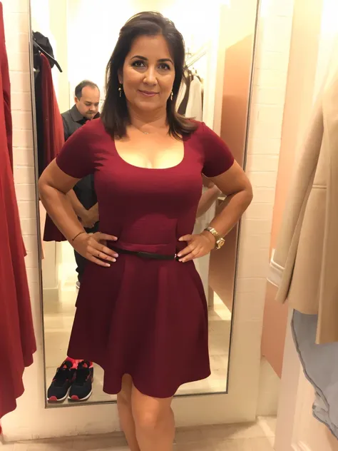 Woman in a red dress standing in front of a mirror, usando vestido vermelho, foto lisonjeira, usando um vestido vermelho, menor linha de cintura de todos os tempos, Hands on hips, ela tem cerca de 40 anos, ela tem cerca de 40 anos, vestido coberto completo...