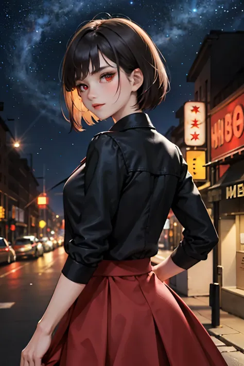 ((masterpiece)), (best quality),, official art, extremely detailed CG unity 8k wallpaper, highly detailed, shiny skin, Depth of field, vivid color,, 1girl, (curvy:0.4), (full body:0.6),, short hair, bangs, red eyes, skirt, looking at viewer, night, street,...