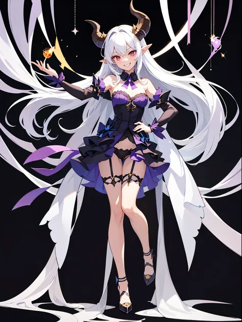 full body shot shot,portrait,solo person,a beauty girl,Hair over the shoulder,succubi,Happy,pointy ears,goat horn,high-heels,Put your hand to your mouth,Crossed waist with one hand,Whitish skin tone,Bow collar,比基尼,grin,Magic pupil,a garter belt