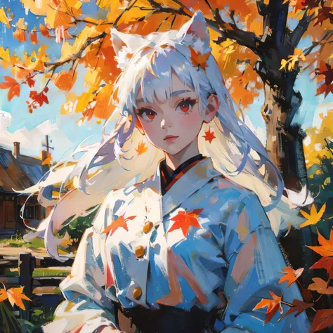 shiny white hair、Neutral face、Red eyes、Rich in color、Beautie、Wearing white clothes、well-styled、小柄、Super beautiful、high-level image quality、4K、8K、Round ears like tanuki are visible、In the wilderness、autumnal、Colored leaves、two people、Full body like、Being un...