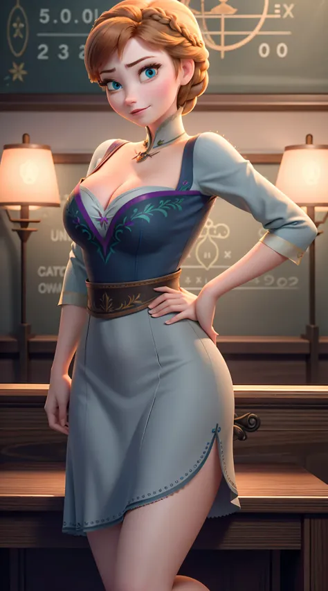 Photo of Anna of Arendelle as a teacher, teacher, teacher clothes, mini dress,  Anna from Disney Frozen movie, tall and sexy, superb face, perfect body, provocative, Nice, show breasts, huge breasts, tall, sexy legs, bursting huge breasts, wide hips, busty...