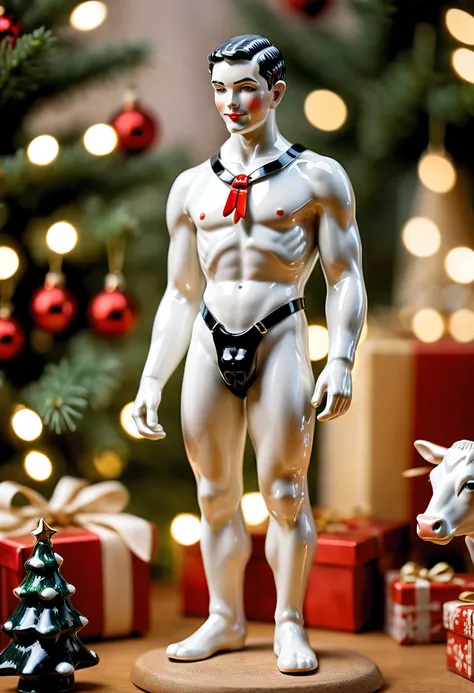 hd 16k, porcelain from 1930s, fine 20th-century hand-painted vitrified ceramic homoerotic polish of 1930s black christmas boy wearing harness while milking a cow, a precious Christmas very fine hand-painted porcelain figurine, christmas tree background bok...