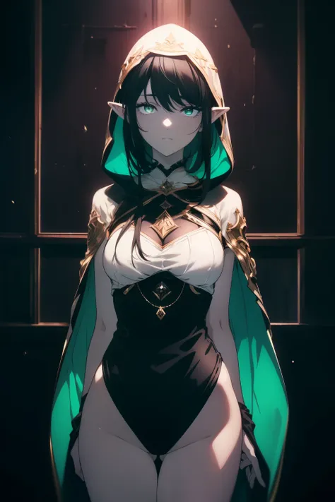 ((((Obra maestra, La mejor calidad, ultrahigh resolution)))), 1girl, standing, cute elf earlack cloak, hood)), (((black hair, dark black hair over eye:1))), long hair cut, pale skin, ((green)), glowing_eyes, neon eyes, (ultra detailed eyes:0.7, beautiful a...