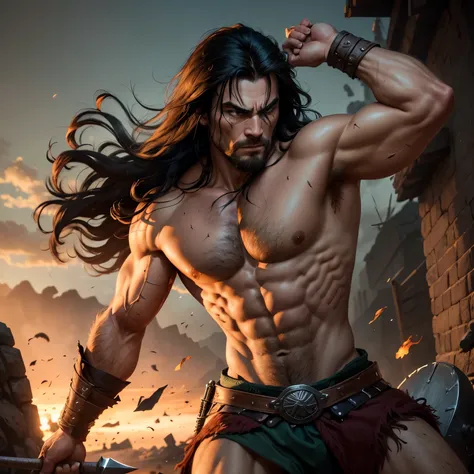 (highres, high quality:1.1), cinematic lighting, extremely detailed, 1man, mature man, solo focus, barbarian,  conan the barbarian style, cowboy shot, dynamics pose,
 
Serious, 

Holding a battle axe, 

Black hair, long hair, green eyes, no facial hair, sh...