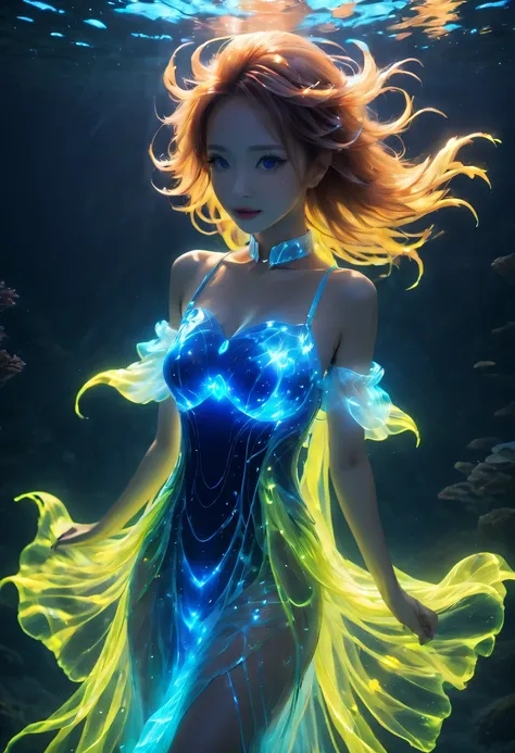 发光的abyss斧头鱼，a glowing fish，emit energy field，abyslue lightning，underwater photography，美丽的abyss生物