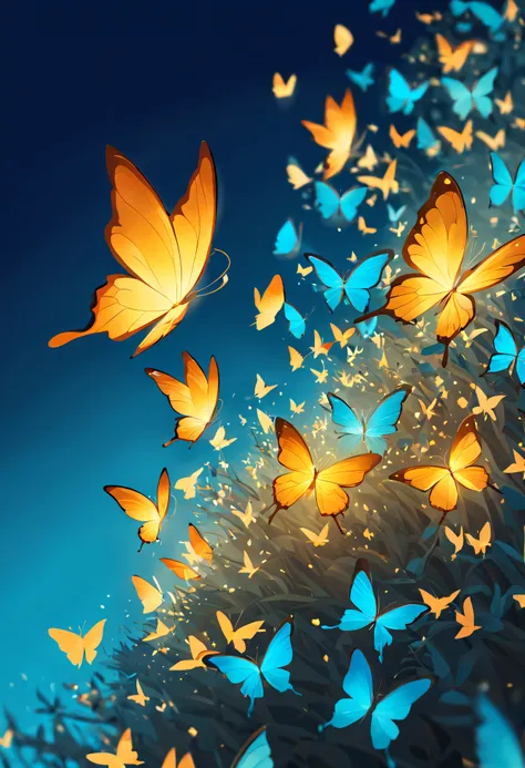 (macro perspective, many) (glowing butterflies, exquisite and complete wings) (glow) (blue, cyan colors, sky blue) (high qulity,...