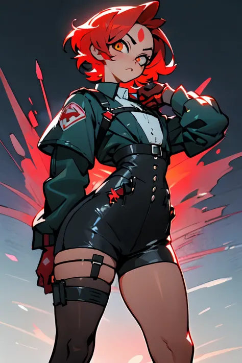 1girl, young woman, solo, short hair, Small  hair, (forehead:1.2), yellow eyes, sharp ocular posture, (scarlet red hair), light brown skin tone, Athletic, medium muscular, medium breasts, (mini jacket, black cjacket, open :1.2), white shirt, collared shirt...