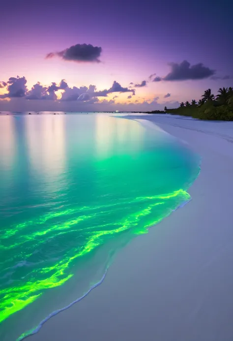 Fluorescent beaches on Nduru Island, Maldives，natta，There will be blue lights on the beach，Very mysterious and beautiful。glowing beach，Lights appear on the beach at night，Natural phenomena，Biofluorescence，Various microorganisms become light sources，Emits a...