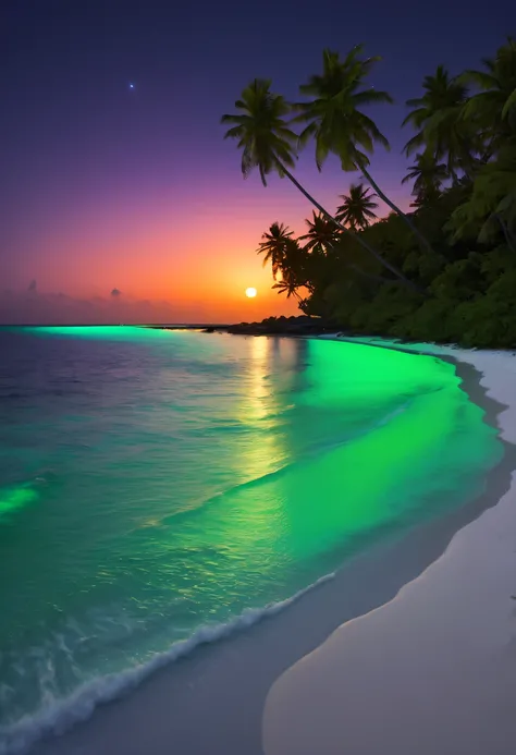 Fluorescent beaches on Nduru Island, Maldives，natta，There will be blue lights on the beach，Very mysterious and beautiful。glowing beach，Lights appear on the beach at night，Natural phenomena，Biofluorescence，Various microorganisms become light sources，Emits a...