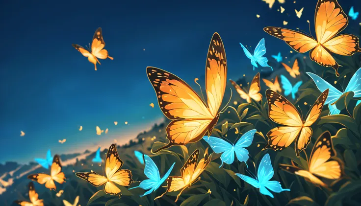 (macro perspective, many) (glowing butterflies, exquisite and complete wings) (glow) (blue, cyan colors, sky blue) (high qulity,...