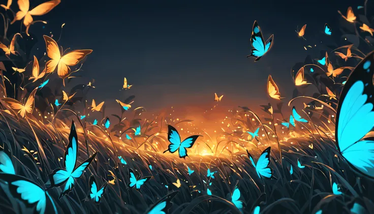 (macro perspective, many) (glowing butterflies, exquisite and complete wings) (glow) (blue, cyan colors, sky blue) (high qulity,...