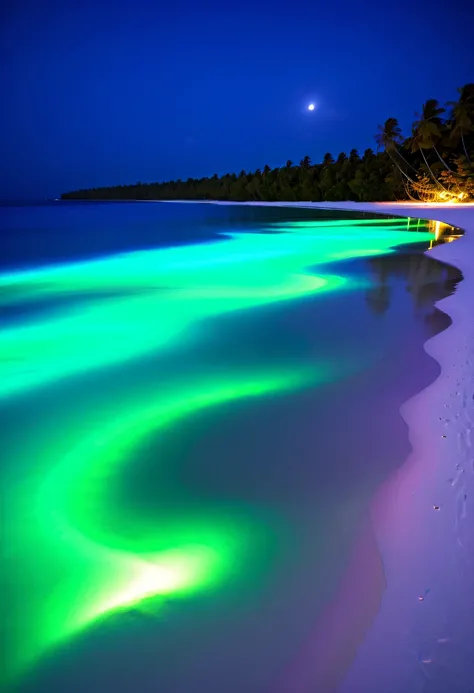 Fluorescent beaches on Nduru Island, Maldives，natta，There will be blue lights on the beach，Very mysterious and beautiful。glowing beach，Lights appear on the beach at night，Natural phenomena，Biofluorescence，Various microorganisms become light sources，Emits a...