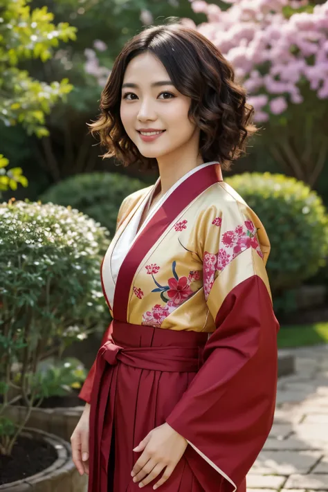 30 years old japanese woman, light color skin, big smile, short curly hair, wearing red kimono with yellow ornaments, dress mode...