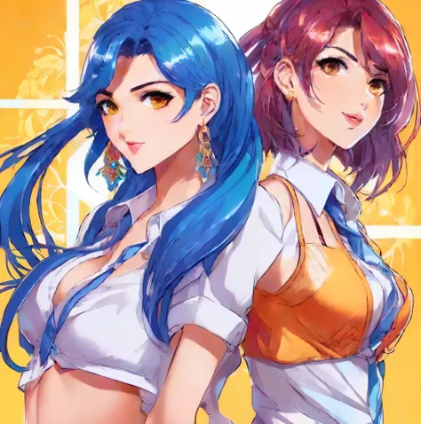 Two very beautiful girls one with long blue hair, normal wavy hairstyle, both have big breast, one having diamond ear ring, wearing white colour uniform and light colour loose tie wearing