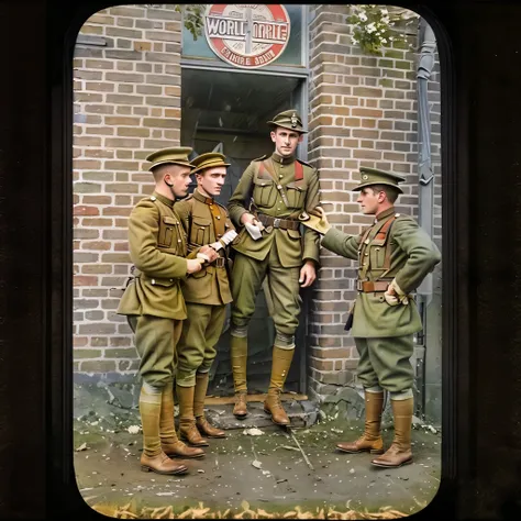 there are three men in uniform standing outside of a building, taken on a ww 1 camera, ww1 film photo, ww1 photo, colorized, col...