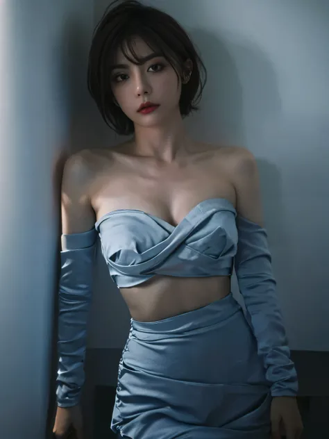 Best quality, masterpiece, ultra high res, (photorealistic:1.5), raw photo, 1girl, offshoulder, in the dark, deep shadow, low key, cold light, sexy look, short hair