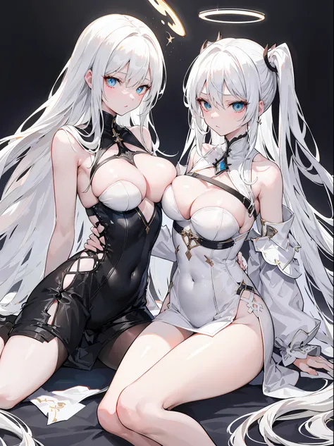 light skin color, white hair color long hair, Bigchest, 1:70, sexy for，Nero，White wings, angelicales, Overhead halo, yellow-eyed, sexy for姿势, angelicales们, 26 year old, angelicales印记, enchanted，hyper HD， White hair, eBlue eyes, Mother and daughter.Squat do...