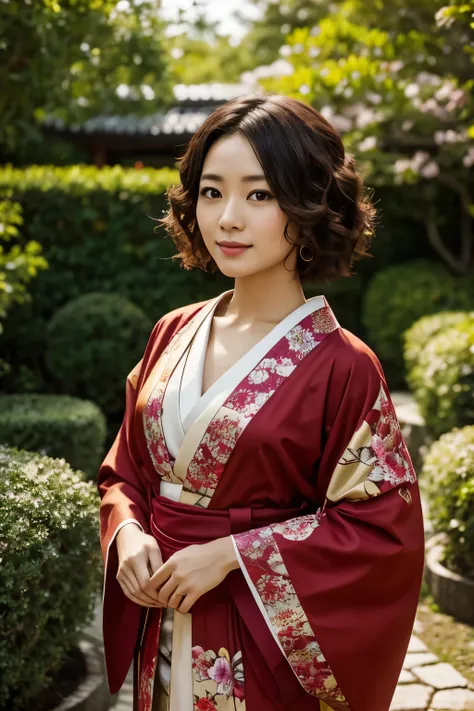 30 years old Japanese woman, Light color skin, Expressionless, Short curly hair, Wearing red Kimono with yellow ornaments, Dress modestly, Model body, Standing pose, Facing at the viewer, At the garden, Day scene, High Resolution, High details, Textured sk...