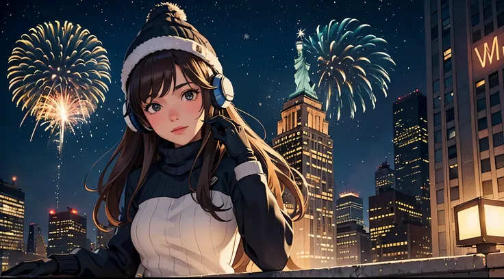 lofi relaxed one brunette girl with headphones takes selfie in roof of a building in NYC. (helicopter) in background. winter night. beautiful landscape of NYC with statue of liberty, (fireworks) in night sky. travel. tourist. sweater, gloves, winter hat. l...