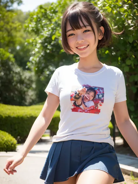 photorealistic depiction of a joyful little girl, outside, white printed t-shirt, pleated skirt, blunt bangs, short hair, dewy skin, happy expression, natural lighting, volumetric light, detailed clothing, high quality, HDR, UHD, joyful expression, photore...