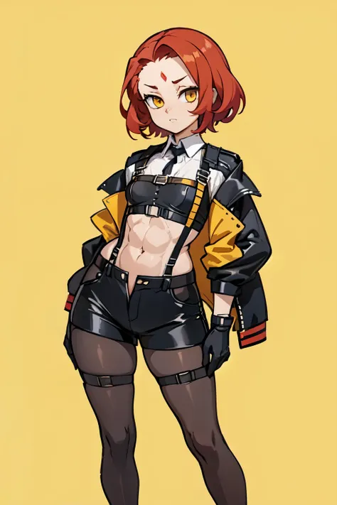 1girl, young woman, solo, short hair, Small  hair, (forehead:1.2), yellow eyes, sharp ocular posture, (scarlet red hair), light brown skin tone, Athletic, muscular, medium breasts, (mini jacket, black jacket), white shirt, collared shirt, (chest harness, s...