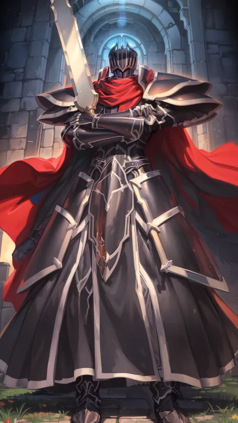 (masterpiece, best quality, detailed:1.2), BlackKnight_fe, armor, helmet, cape, from below, foreshortening, crossed arms, sky background, castle, snowing dark knight locking at viewer , He holds the sword with both hands Black magic sword , scarf standing ...