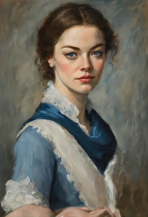 oil painting on canvas, Portrait of a emma stone, dark hair, blue eyes, 18th century, Correct anatomy, Soft light, Sergeant style, Illustration by Greg Rutkowski., Vladimir Volekov