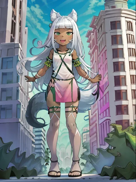 Ochette, girl, dark skin, white hair, green eyes, giantess, huge, small viewer, 70 ft tall, cute, full body, best quality, pink dress, metal bracelets, larger than buildings, flat ground, street, ground visible, black shorts, wearing shorts, adorable, kind...