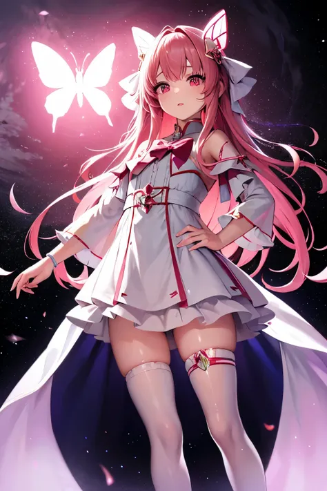 Anime Chorus of the Prisms - Girl, shy girl, long pink hair, light red eyes, luminous eyes, white butterfly-like dress, butterfly bow, bow on the hip, a space station can be seen in the sky