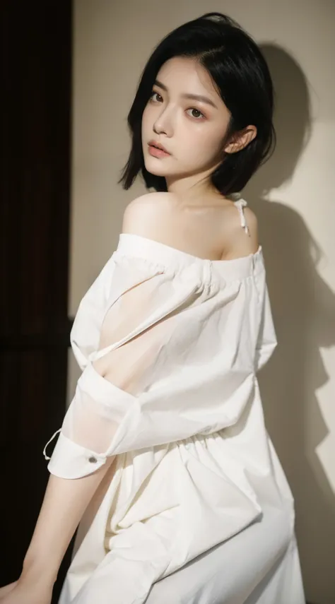 bestquality, masterpiece, ultra-high resolution.  (Realistic:1.5) Raw image of 1 young woman, off shoulders, In the dark, Deep Shadows, Low key, cold light, sexy look, Short Hair Hair, Large size white shirt pajamas,