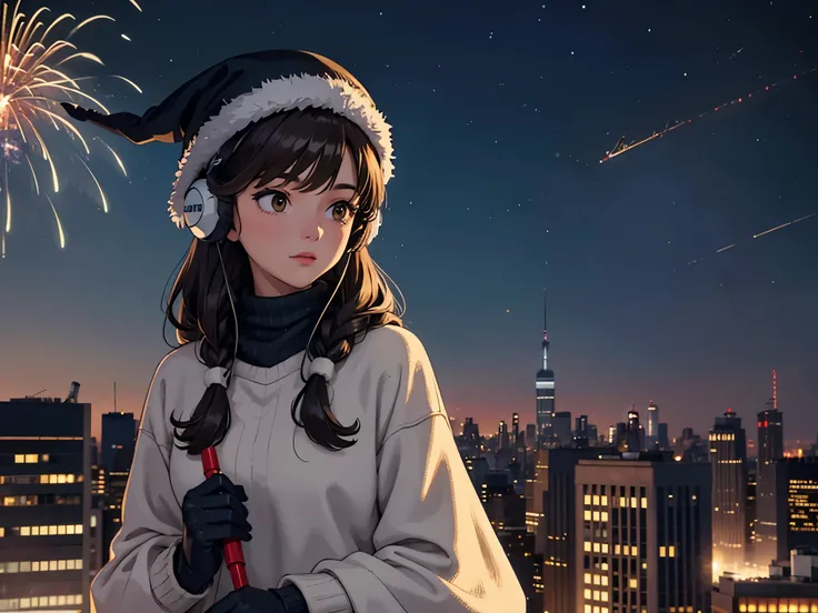 lofi relaxed one brunette girl with headphones walks in roof of a building in NYC. (helicopter) in roof of building. winter night. beautiful landscape of NYC with statue of liberty, (fireworks) in night sky. travel. tourist. sweater, gloves, winter hat. lo...