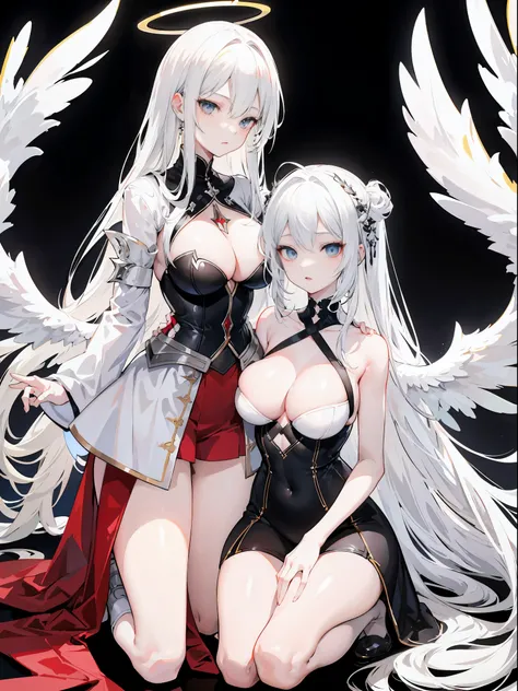 light skin color, white hair color long hair, Bigchest, 1:70, sexy for，Nero，White wings, angel kneeling, Overhead halo, yellow-eyed, sexy for姿势, Angels, 26 year old, angel mark, enchanted，hyper HD， White hair, eBlue eyes, Mother and daughter.Squat down and...