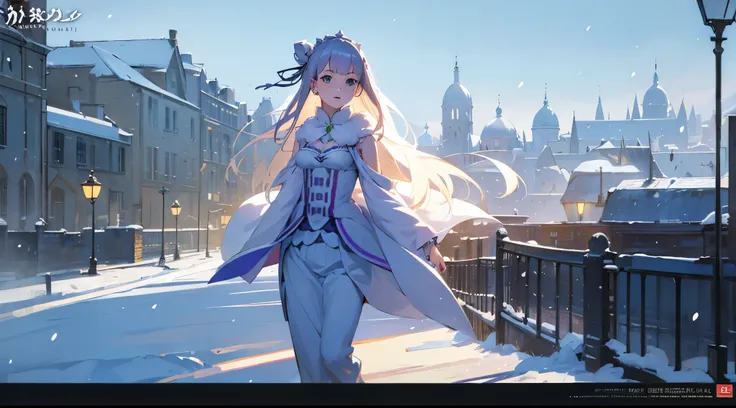 re:zero, (new season poster), medieval city, detailed, masterpiece, 8k, realistic, emilia, snow, Christmas