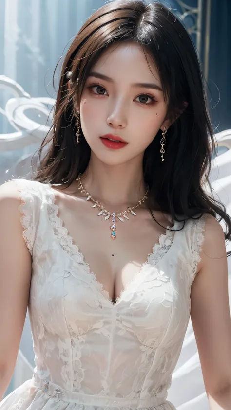 8k, masterpiece, 1 girl, beautiful face, white skin, very long hair, light makeup, detailed eyes, detailed lips, small breasts tight, realistic detailed, very detailed dress, princess dress, (lack dress:1.2), (wearing jewellery:1.5), (lace:1.4), ((stage ba...