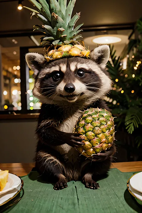 racoon с ананасом, racoon, IT Specialist, in a party hat, holiday