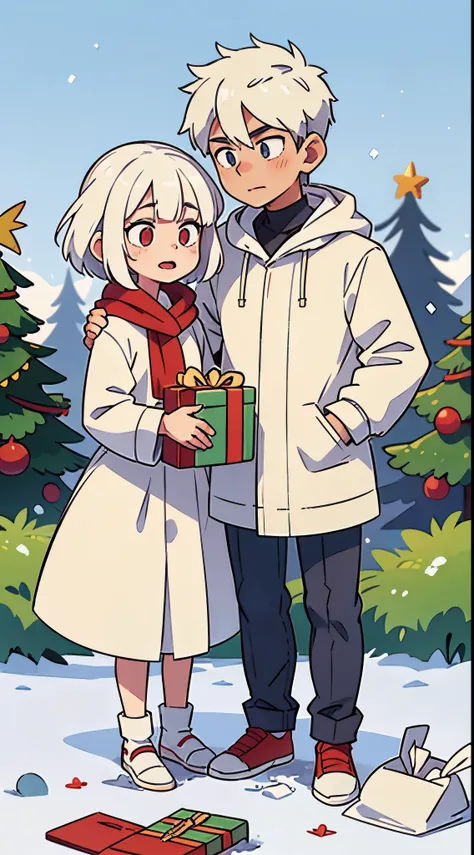 1 male white hair , 1 female white haired , hugging, Christmas presents on the ground , snow , white clothes