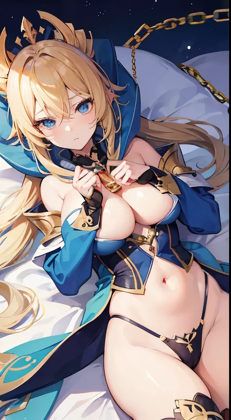 1girl, lying, long blonde hair, wizard, genshin impact style, biggest boobs, hood, golden ornament, milf, chain