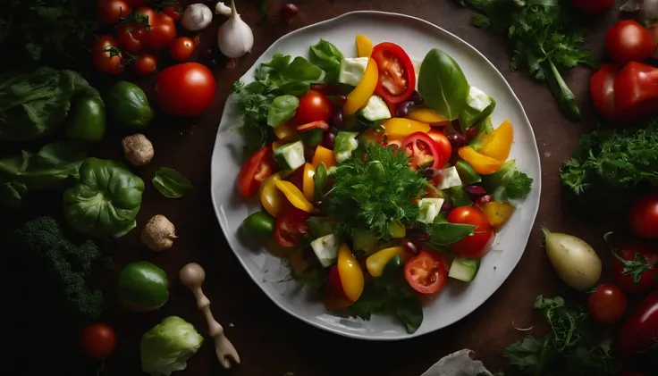 a creative shot of a top view of a Georgian vegetable salad, arranging the vegetables in an artistic and visually pleasing pattern or design on the plate