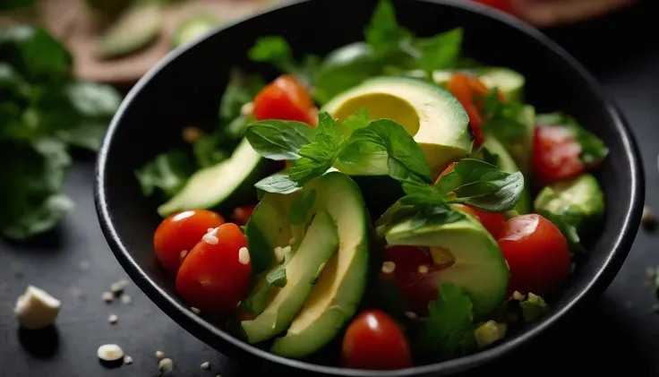 a detail shot of a top view of a Georgian vegetable salad, highlighting the textures and shapes of the different vegetables, such as the crunch of the cucumbers or the softness of the avocado