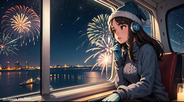 lofi relaxed one brunette girl with headphones flies in helicopter, looks in awe through window, head glued to window. winter ni...