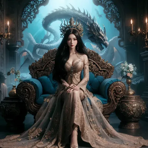 a woman with gigantic breast wear detail luxury kebaya sitting on a throne with a dragon and a dragon head, a beautiful fantasy empress, sitting on intricate throne, ((a beautiful fantasy empress)), perched on intricate throne, sitting on an ornate throne,...