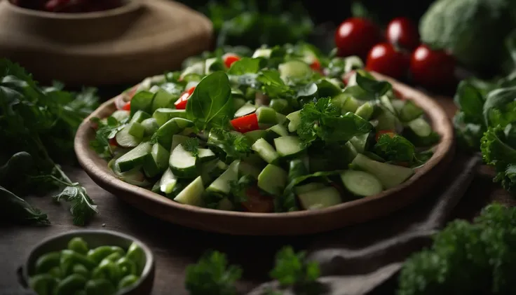 a monochromatic shot of a top view of a Georgian vegetable salad, focusing on the contrasting shades of green and the textures of the vegetables without the distraction of color