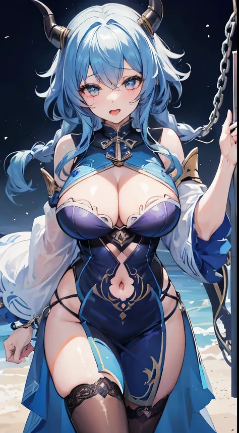 1girl, medium blue curly hair, knight, genshin impact style, biggest boobs, milf, chain, scream, tongue, saliva, horn