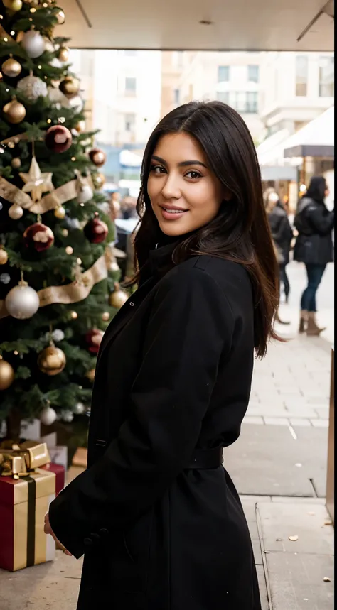 Full body shot of an attractive libanese egirl woman lauging in designer coat, kardashian face, with lightbrown skin, natural, no make up, natural imperfections, black hair, in front of huge christmastree at london night, taken using a Canon EOS R3 with RF...